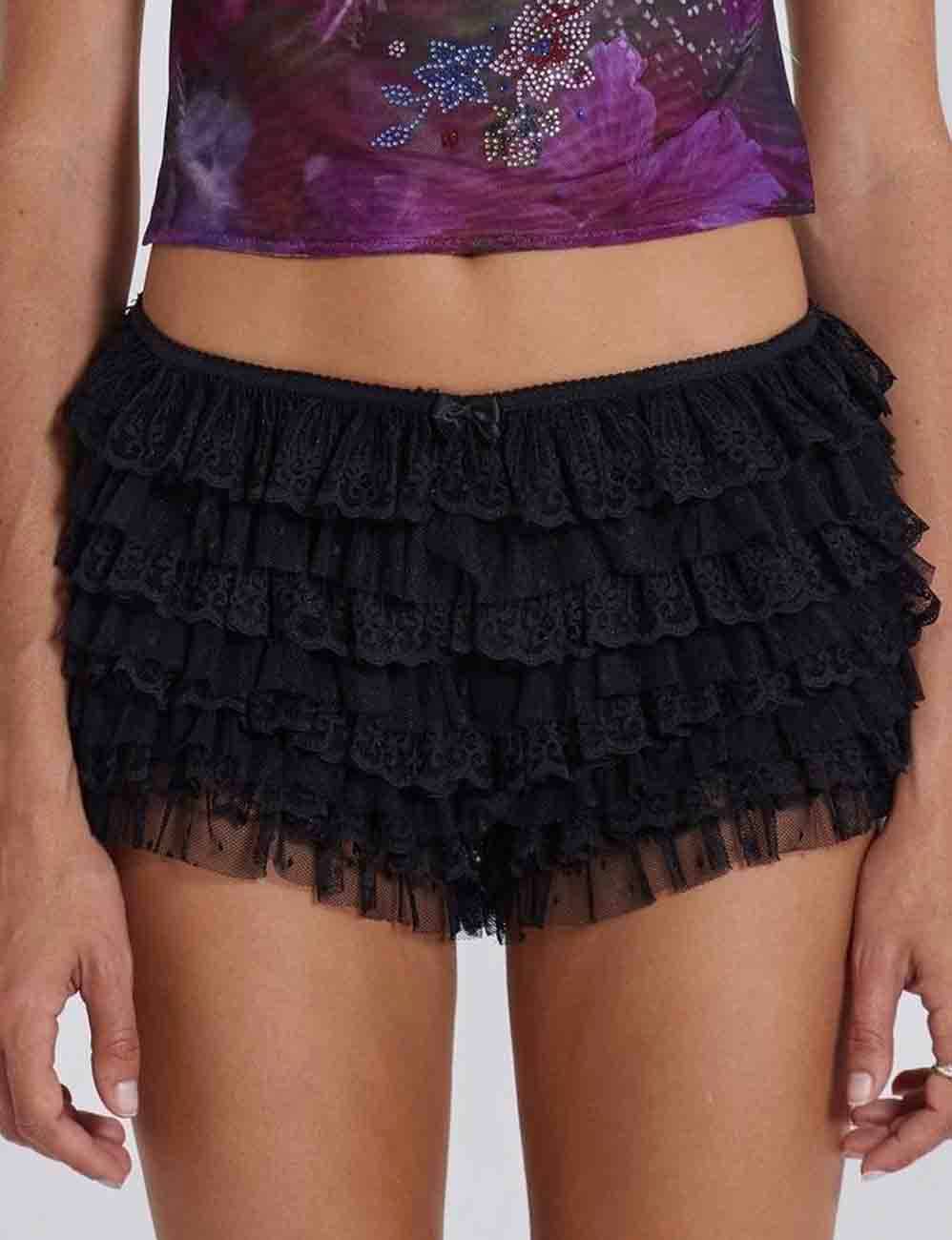 Sweetkama - Vente Short – femme - Shorts à volants en dentelle unie avec nœud pour femmes4