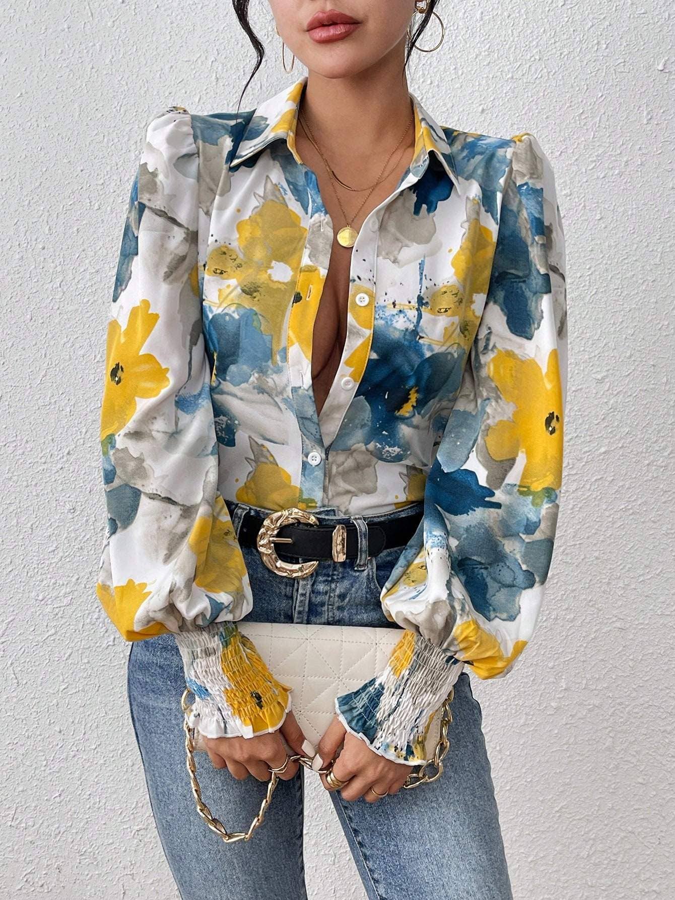 Fashion Combination - Wholesale Button Down Shirt - Women's - priv floral print lantern sleeve shirt18