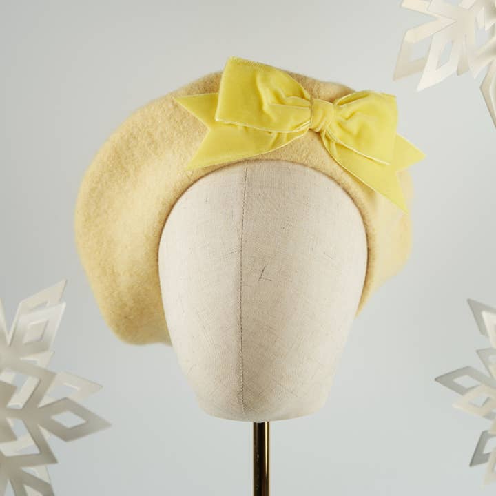Pale Yellow Beret with Yellow Velvet Ribbon Bow for wholesale by Imogen's Imagination