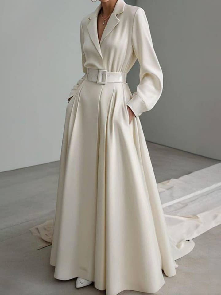 CREAM Long Sleeve No Belt Solid Notch-Collar Maxi for wholesale on Faire