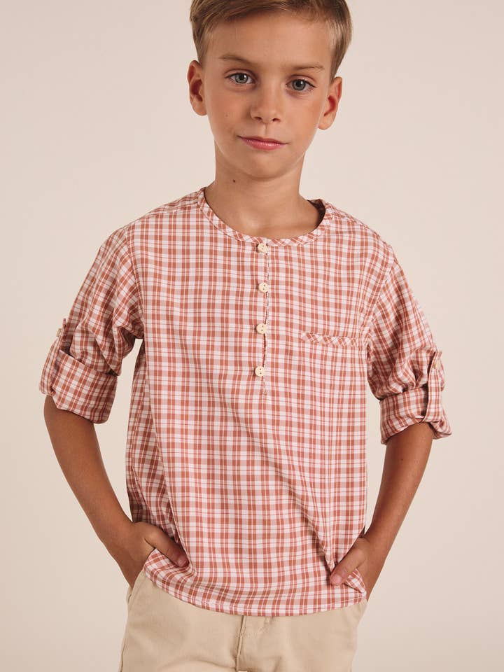 Camicia a manica lunga per ragazzi con tartan arancione e colletto mao per la vendita all'ingrosso da parte di Dadati