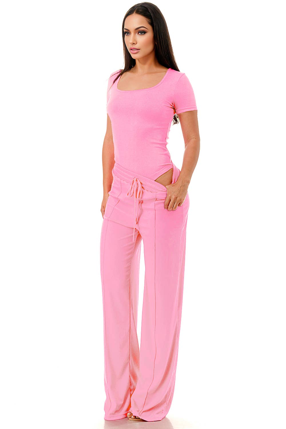 Color 5 - Wholesale Top & Pant Set (NOT Loungewear) - Women's - Slinky short sleeve body suit with flare pants fashion set6