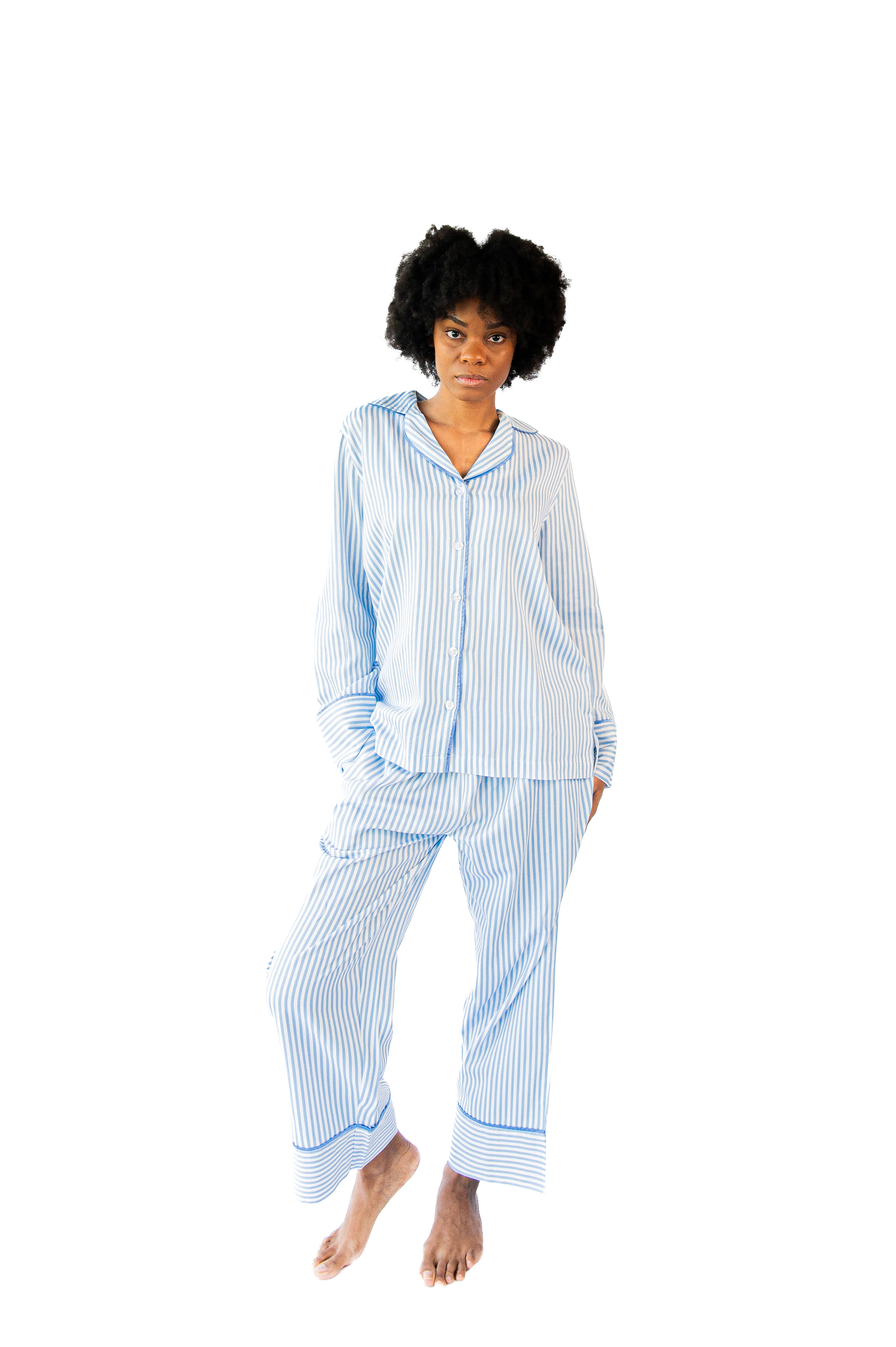 Bleu Ensemble de pyjama complet en satin de luxe à rayures fines - Bleu en vente sur Faire5