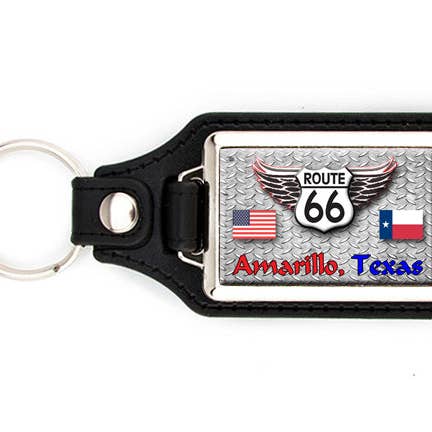 Route 66 nøglering med unikt design - personaliseret med valgt by og stat for engroshandel hos DK LaserWorx