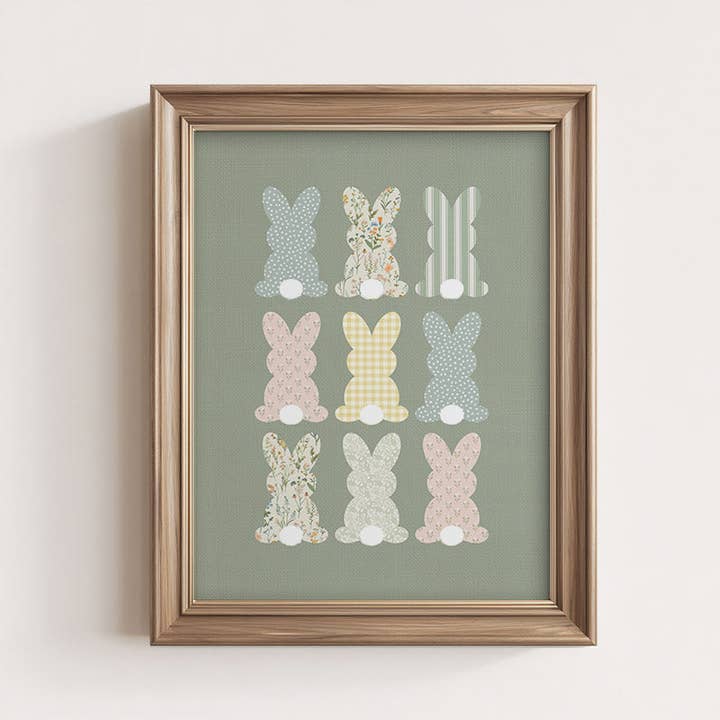 Kunstprint: negen konijntjes met quiltpatronen voor wholesale door Paper House Print Shop
