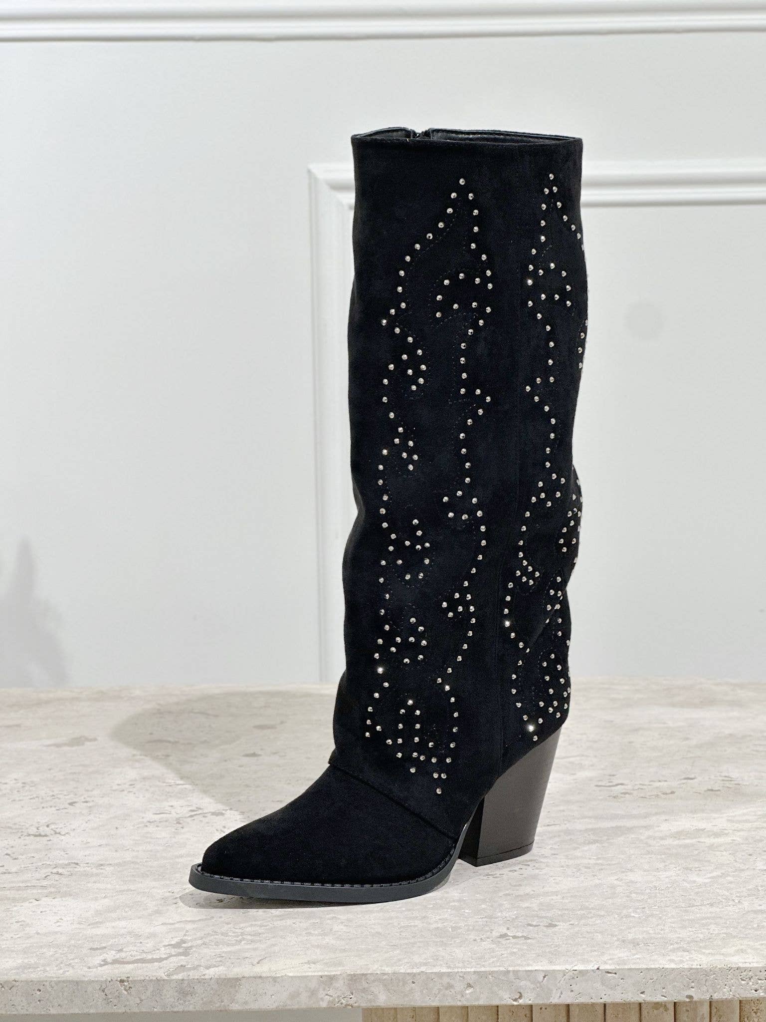 Stephan Paris – wholesale Boots – Women’s – Black suede Western boot with studs LQ-1561