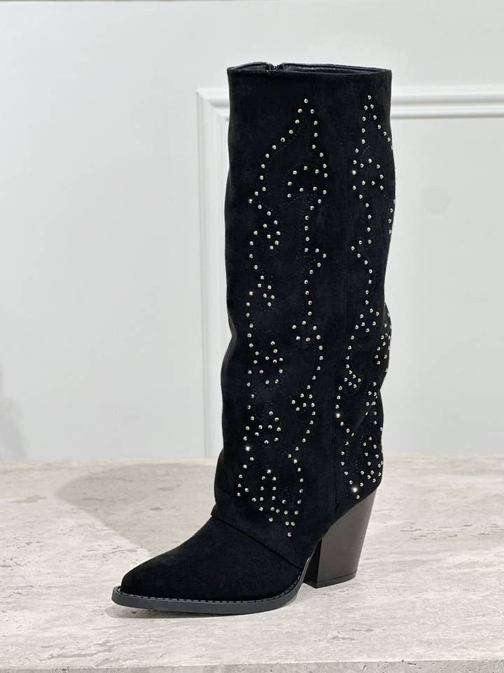 Stephan Paris - Wholesale Boots - Women's - Black suede Western boot with studs LQ-1561