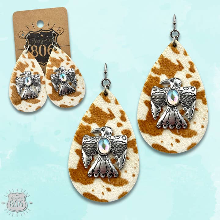 Cow print thunderbird teardrop earring, last call for wholesale by Pink Panache Brands