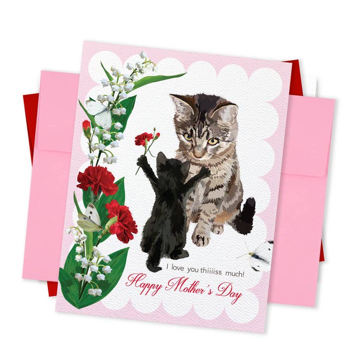 Cartes de fête des mères | Chaton avec maman chat et fleurs pour la vente par The Red Barn Press