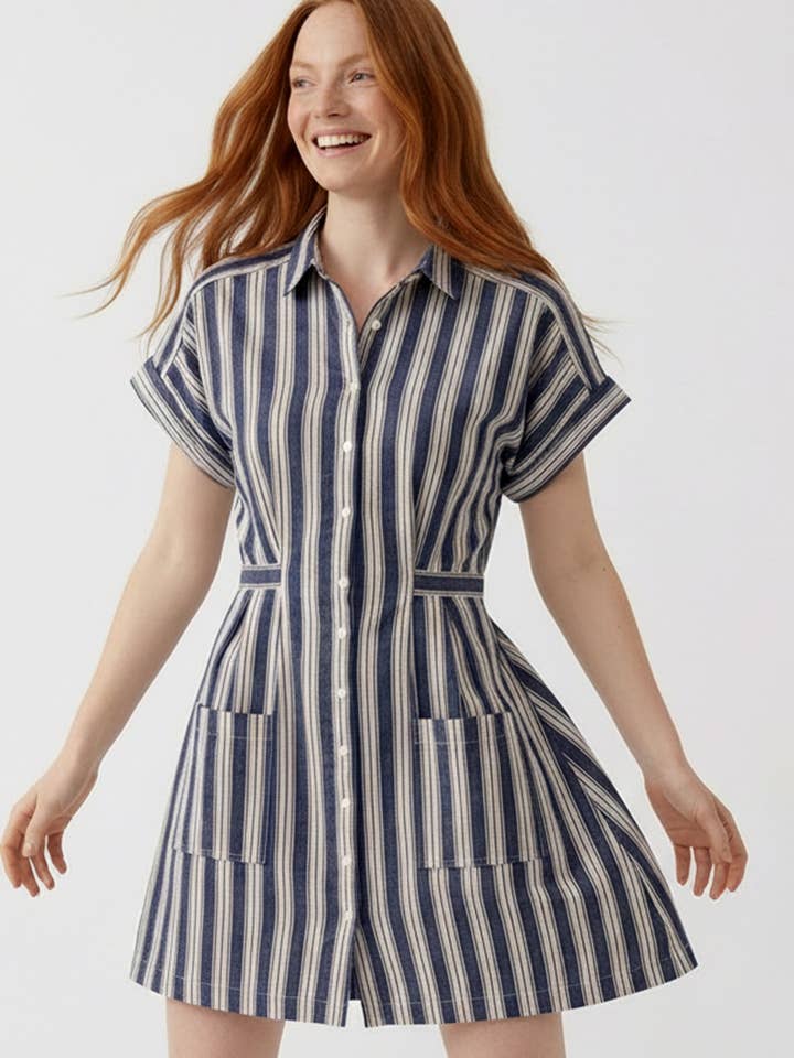 STRIPE BUTTON DOWN SHORT SLEEVE DRESS for wholesale by Kori America