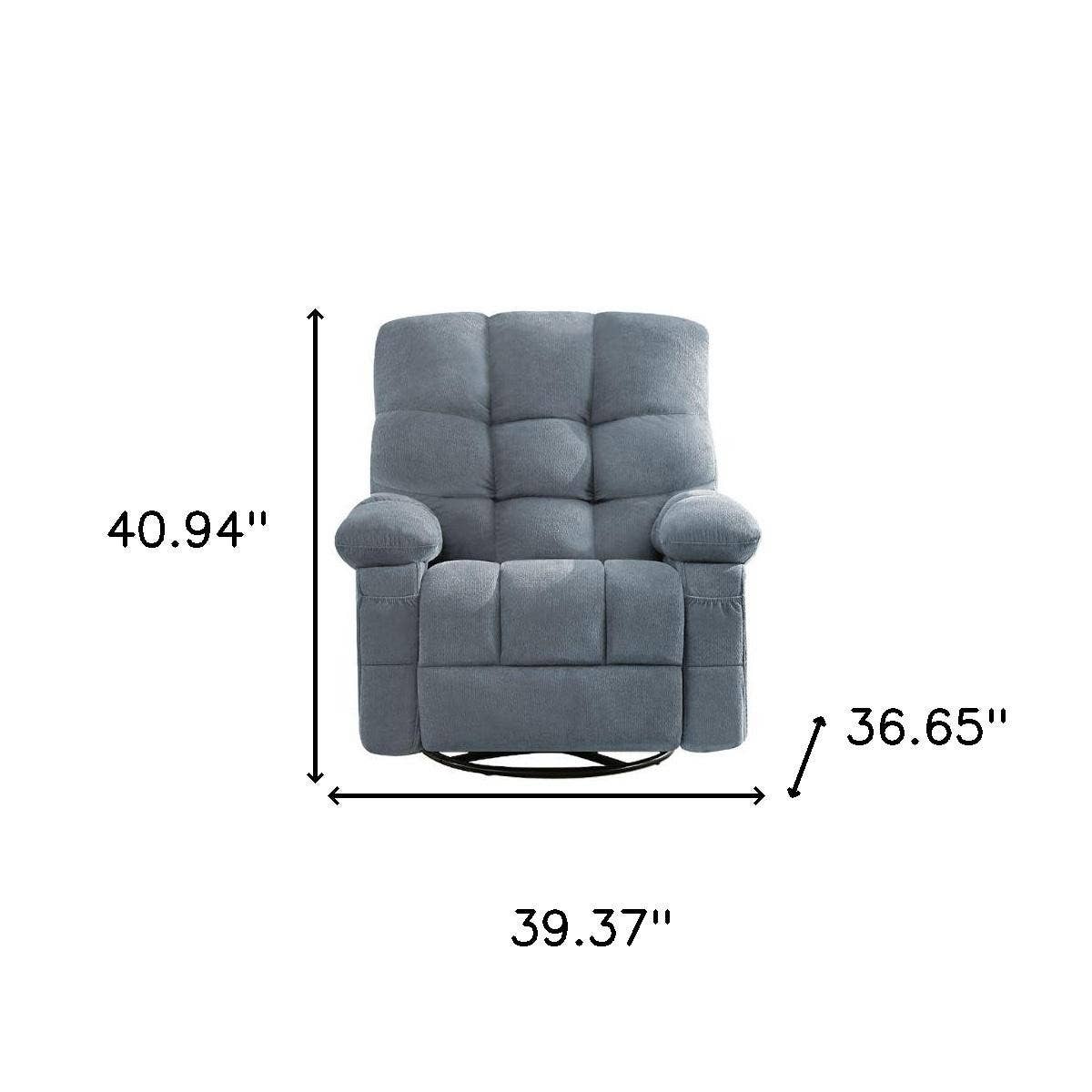 HomeRoots - Vente Chaises - Fauteuil inclinable pivotant à bascule chauffant avec massage en chenille bleue tuftée de 39" avec USB2