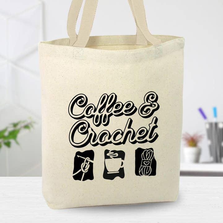 Einkaufstasche aus Canvas mit Kaffee- und Häkelmotiv, kundenspezifisch für den Großhandel von Anna B. Shop