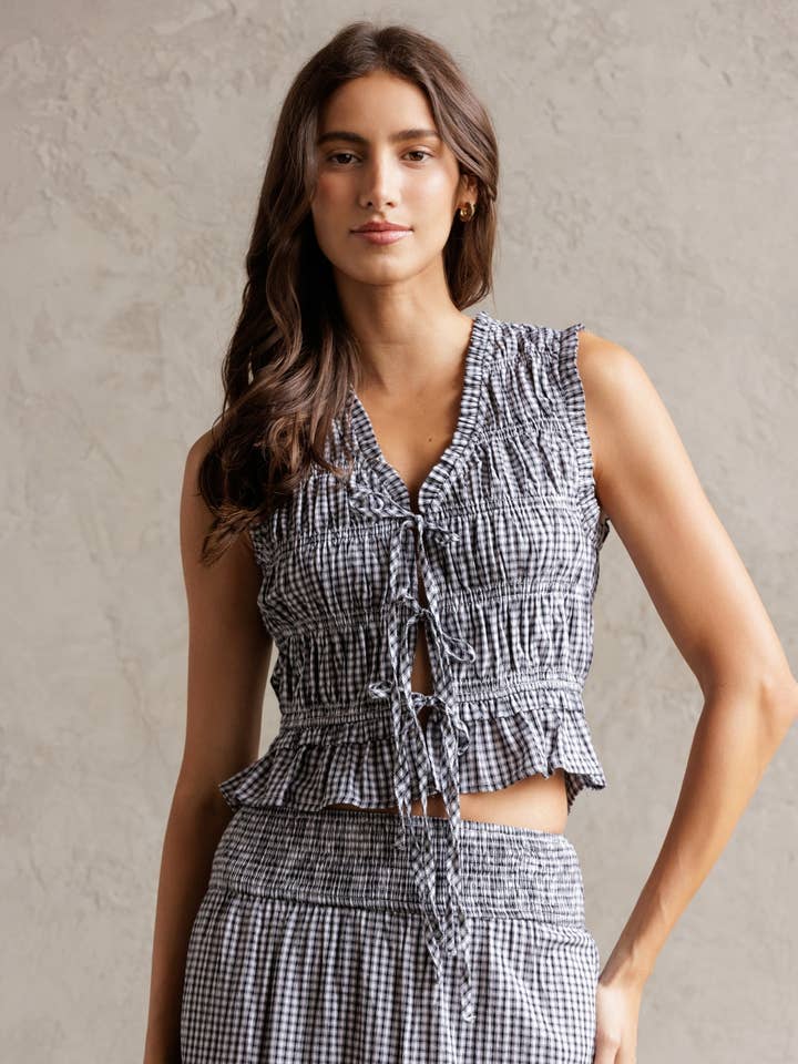 JT7460-1-HAUT À CARREAUX SMOCKÉS pour la vente par STORIA