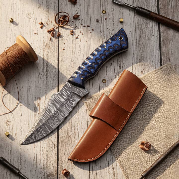 9.5' Grooved handle Damascus knife with leather sheath for wholesale by FH KNIVES