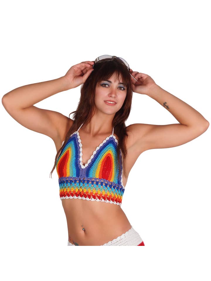 Western Fashion - Wholesale Knit Top - Women's - 2268 Crochet Halter Top Rainbow Pride Multi