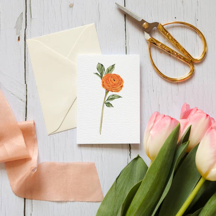 Mini Ranunculus Watercolour Sustainable Greetings Card for wholesale by Sophie Brabbins