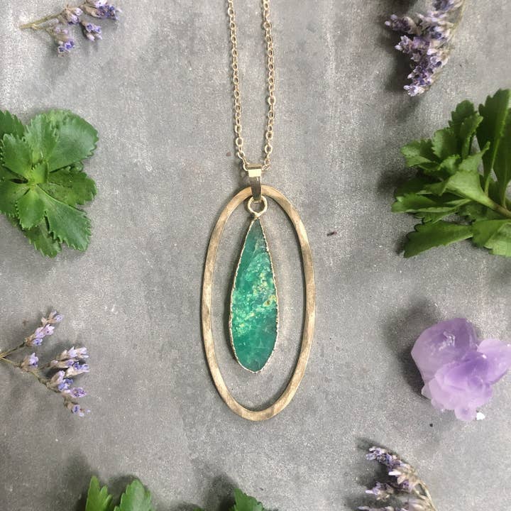 GeoMetricGem - Wholesale Pendant/Charm Necklace - Otisco Necklace ~ Gem Slice - Clear Rose Quartz Chrysopras