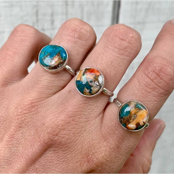 Gilded Bug Jewelry - Wholesale Cocktail/Statement Ring - 12mm Round Solitaire Spiny Oyster Copper Turquoise Ring