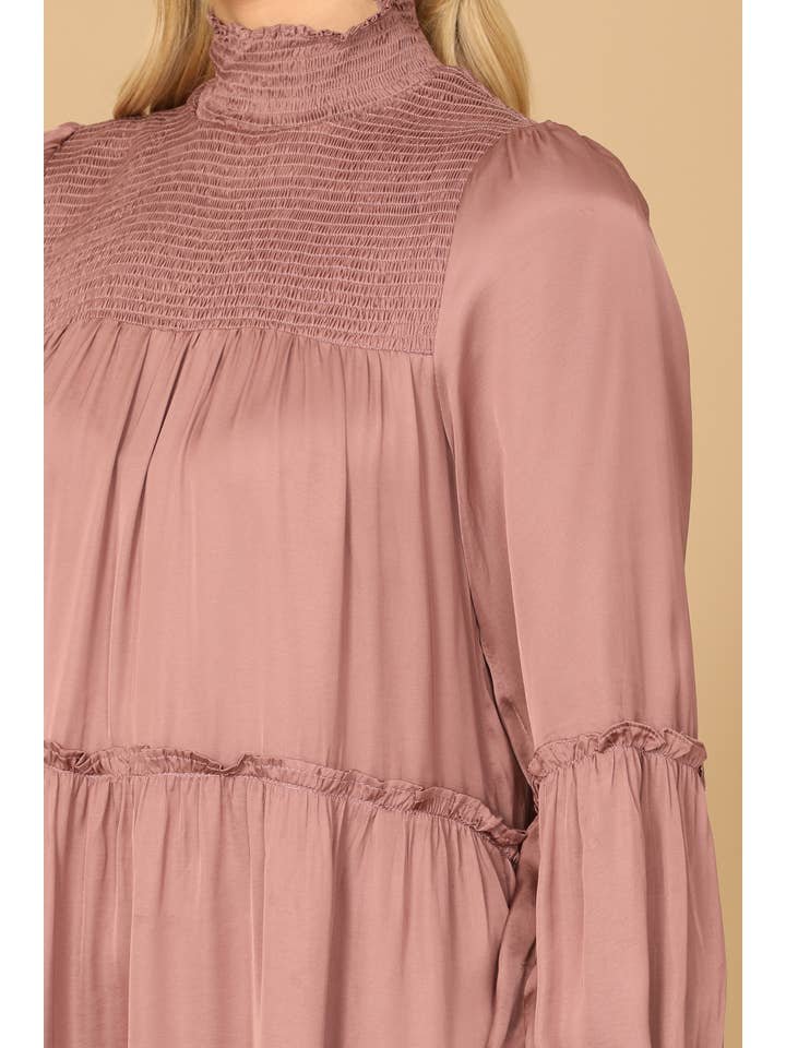 MYS Wholesale Inc - Wholesale Dress - Women's - Shirred High Neck Puff Sleeve Tiered Satiny Dress