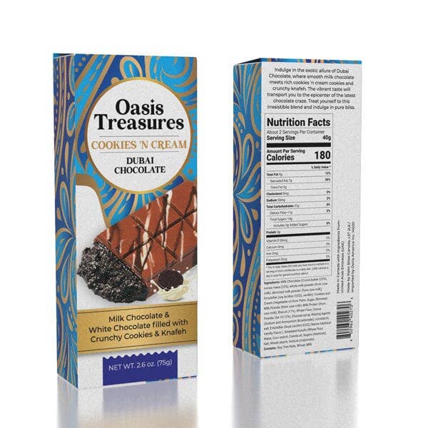 Showcase - Wholesale Chocolate Bar - Dubai Chocolate Bar Cookies 'N Cream by Oasis Treasures (75g)4