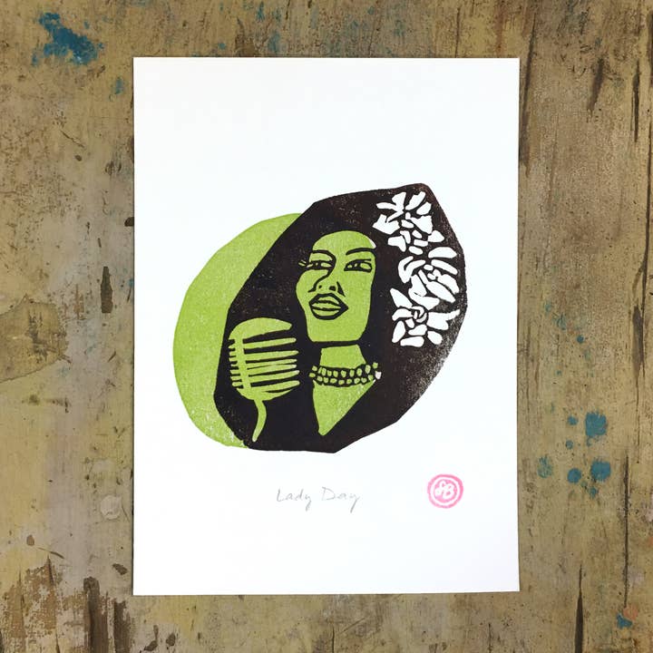 Lady Day Linocut kunsttryk for engroshandel hos Loaded Hips Press