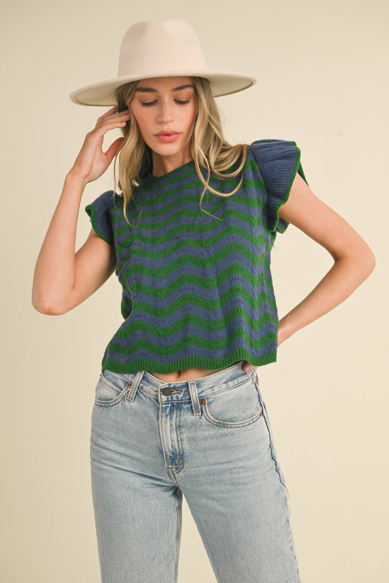 &MERCI - Wholesale Knit Sweater - Women's - WAVY STRIPES FLUTTER SLEEVE SWEATER TOP MSW1050984