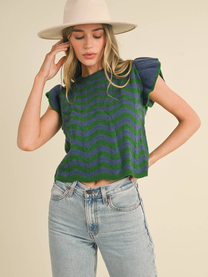 &MERCI - Wholesale Knit Sweater - Women's - WAVY STRIPES FLUTTER SLEEVE SWEATER TOP MSW1050984