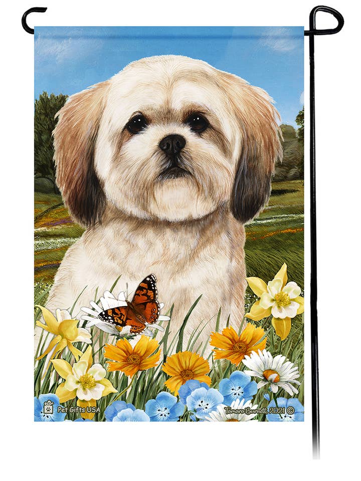 Lhasa Apso Brown Summer Flowers Garden Flag for wholesale by Pet Gifts USA, LLC