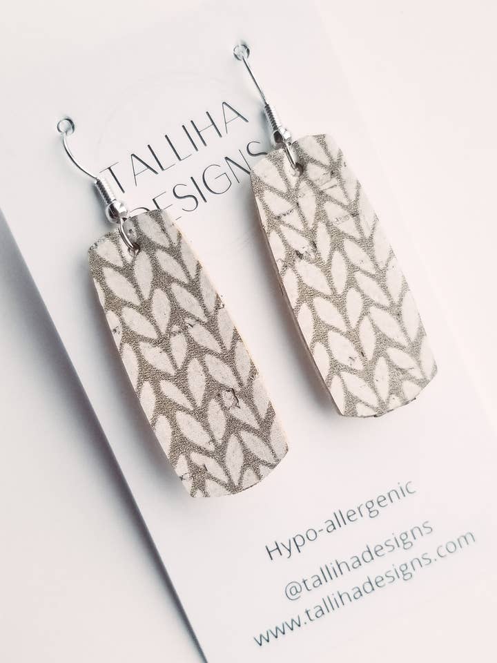 Cable Knit Genuine Leather Backed Cork Jessica Earrings for wholesale by Talliha Designs