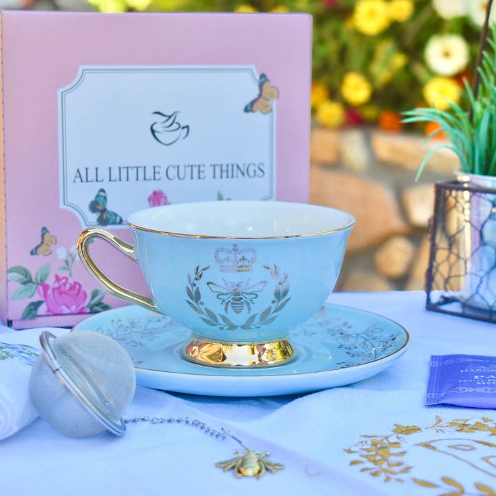 Regency Queen Bee Aqua Blue with Gold Teacup and Saucer for wholesale by All Little Cute Things
