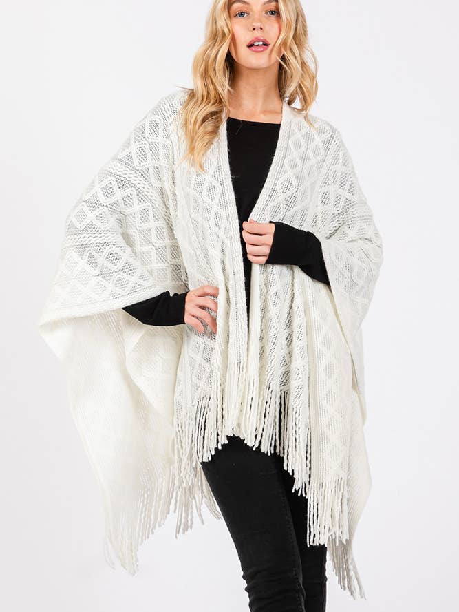 Hana – wholesale Cardigan – Women’s – Diamond Pattern Tassel Knit Ruana Winter Cardigan19