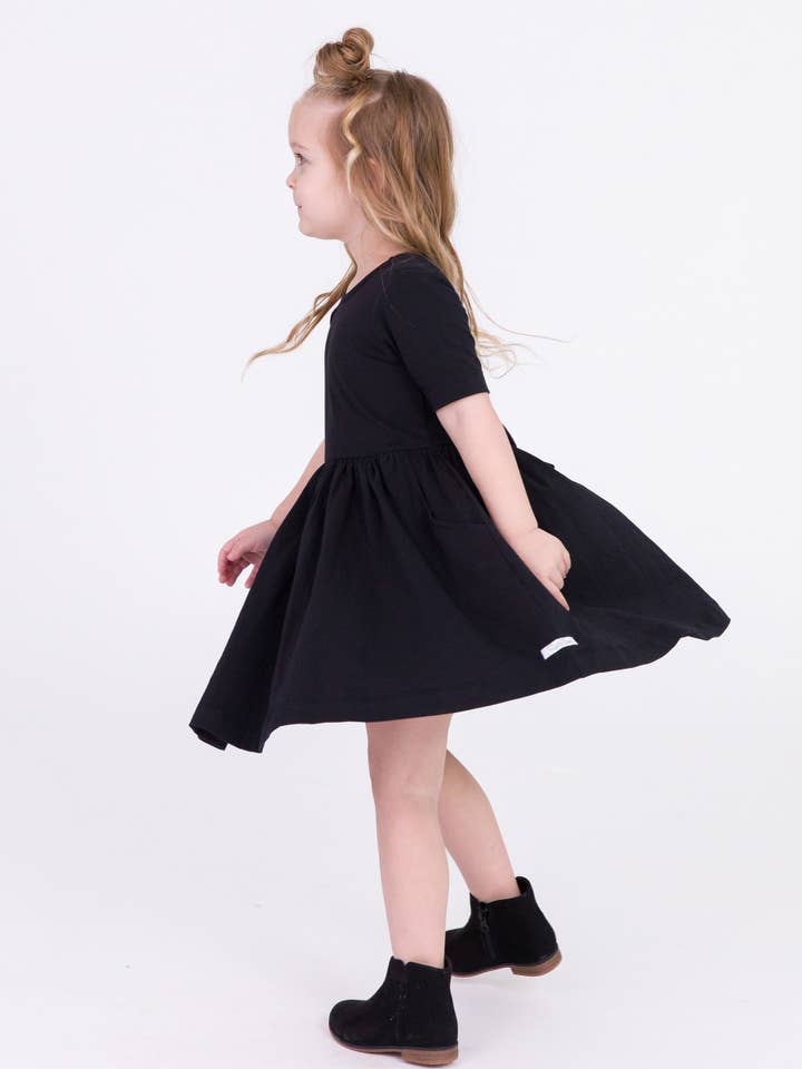 Girls Black Short Sleeve Knit Twirl Dress for wholesale on Faire
