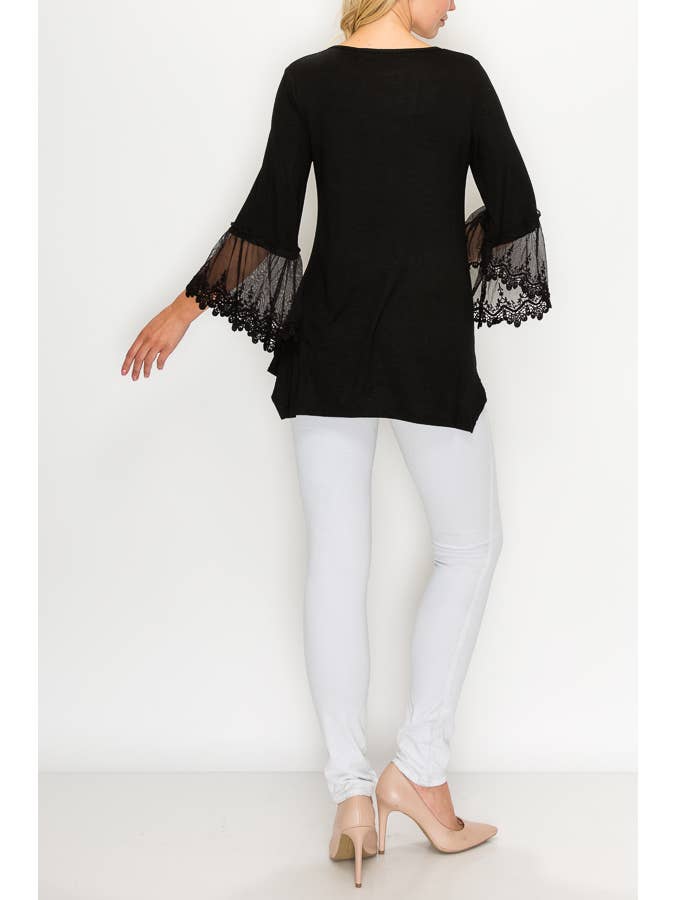 Origami Apparel ~  Lace and Crochet inspired - Wholesale Tunic - Women's - TUNIC TOP WITH LACE SLEEVE TRIMMINGS-4480 BLACK3
