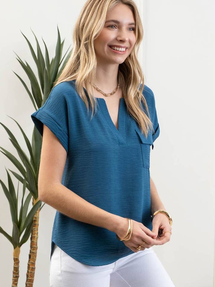 Blu Pepper - Wholesale Blouse - Women's - SPLIT NECK BACK BUTTON SHORT FOLD SLEEVE BLOUSE26