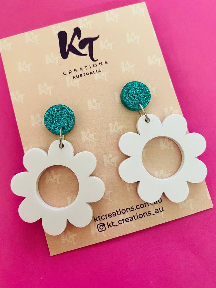 White Cut out daisy Flower dangle Acrylic Earrings - teal gl for wholesale by KT Creations Australia