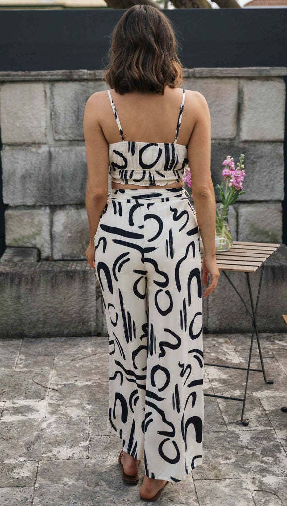 White Printed Sleeveless Strap Short Top Long Wide Leg Pants Set for wholesale on Faire4