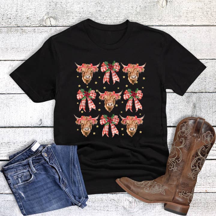 Western Christmas Highland Cow Graphic Tee for wholesale by Dust and Roots