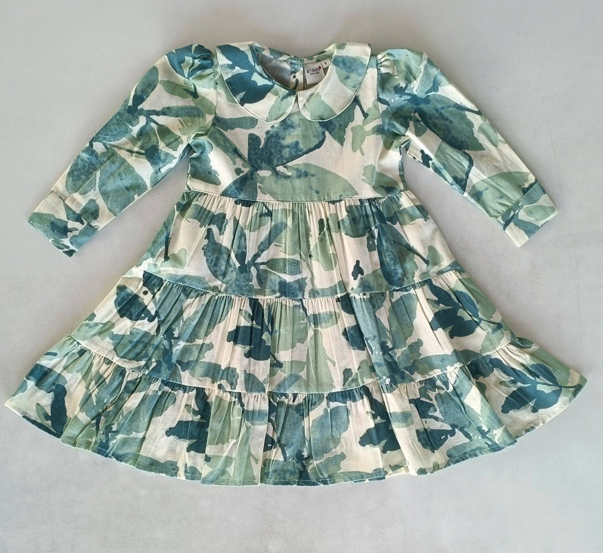 Yo Baby - Wholesale Dress - Kids - Sage-Green Leaf Printed Peter Pan Collar Tiered Long Sleeve Dress8