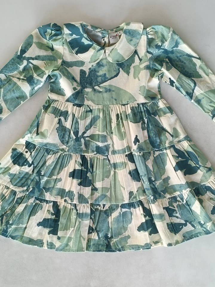 Yo Baby - Wholesale Dress - Kids - Sage-Green Leaf Printed Peter Pan Collar Tiered Long Sleeve Dress8