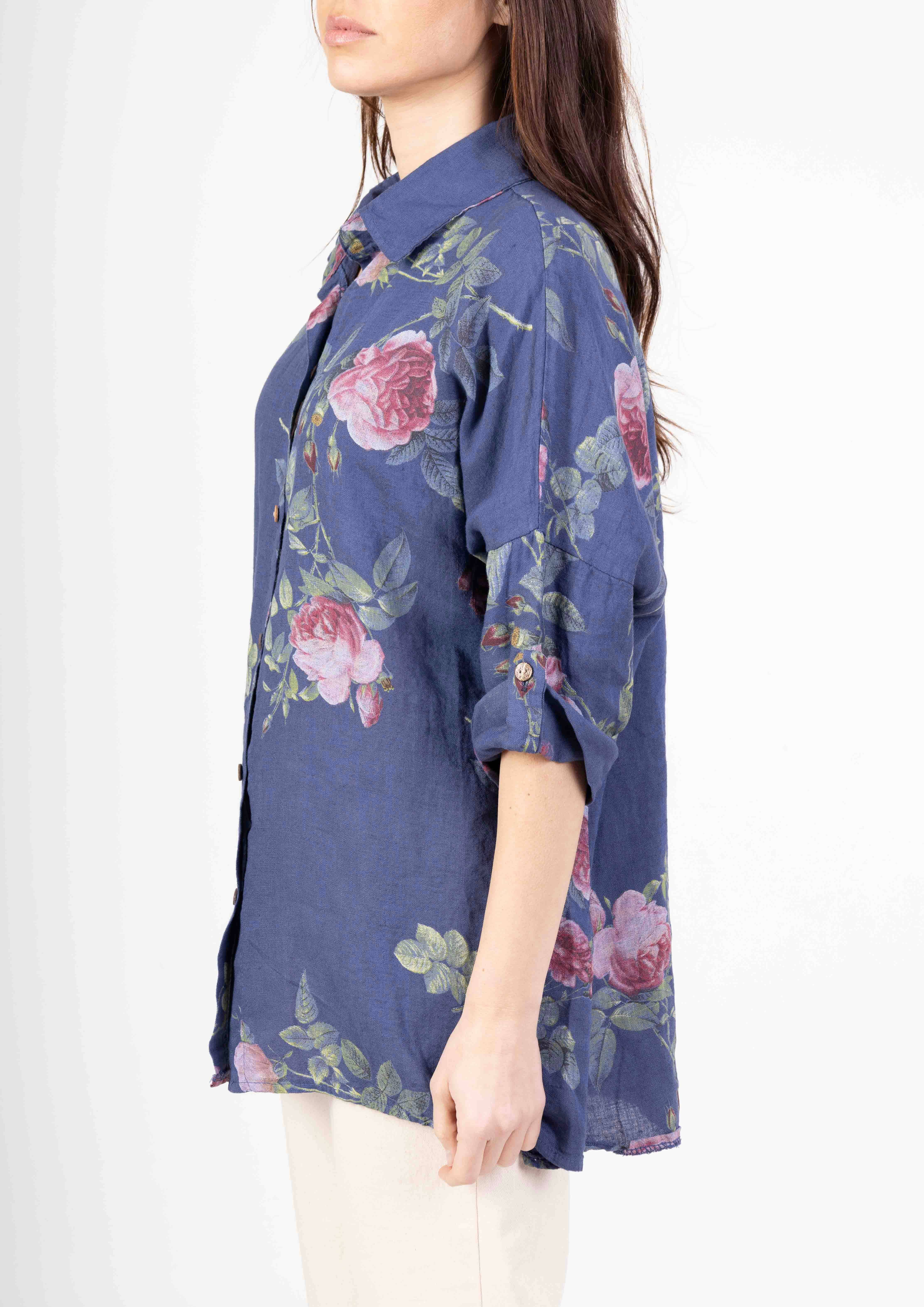 LINEN & COTTON HOUSE – Engroshandel Skjorte med buttondown – til kvinder – Tunika i 100% hør med blomsterprint 52356