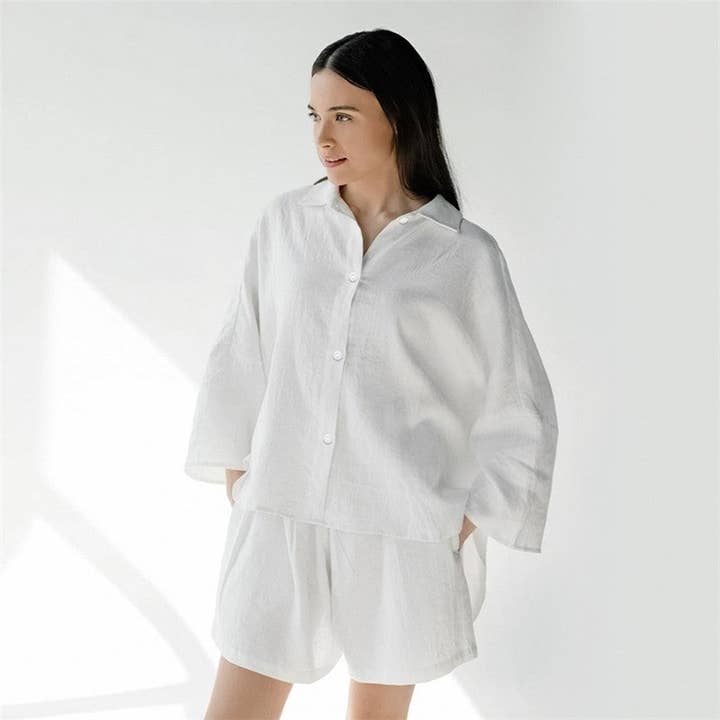 FurDecoration – wholesale Sleepwear set – Women's – Women's Cotton Linen Seven-Quarter Sleeve Pajama Set with Shorts