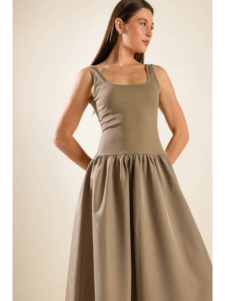 A solid knit/woven combination midi dress - FD1147 TAUPE for wholesale on Faire