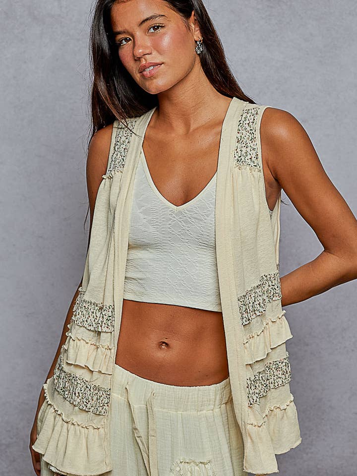 Ruffle Detail Sleeveless Open Cardigan SALE for wholesale by Pol Clothing