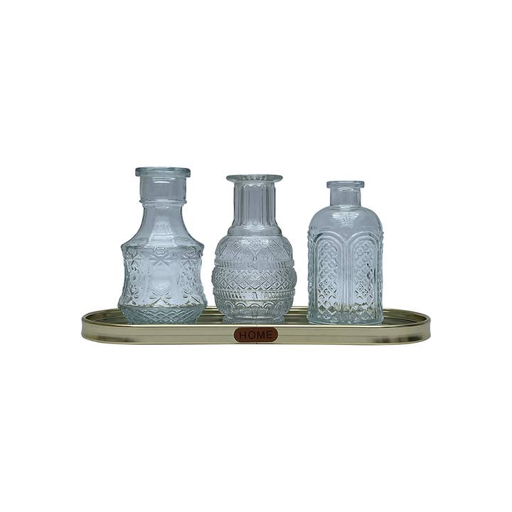 Opjet Paris - Wholesale Vase - Set of 3 vases on transparent gold tray W30.5 D11.5 H14cm