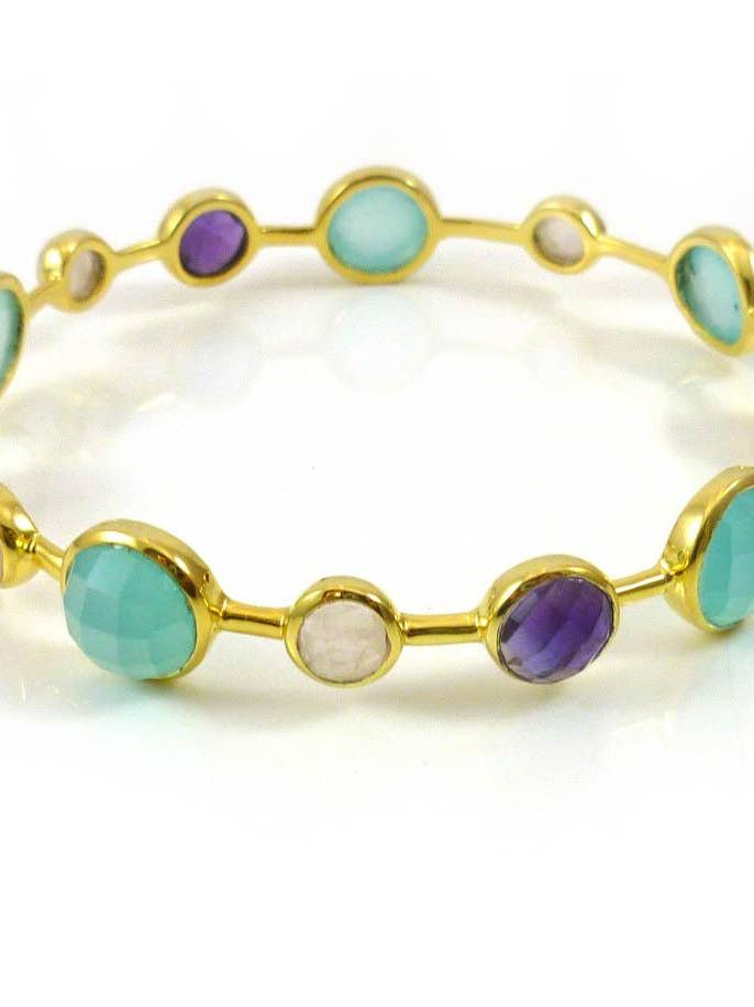Gold Plated Art Deco Pop Bangle Aqua Chalcedony, Amethyst, Rose Quartz for wholesale by Sikara & Co.