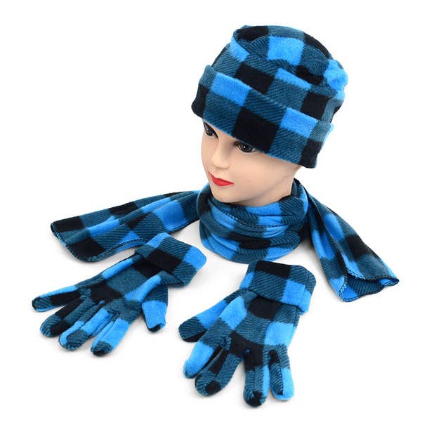 Selini New York - Wholesale Winter Accessory Set - Women's - Women's Fleece Azure Blue Plaid Winter Set2