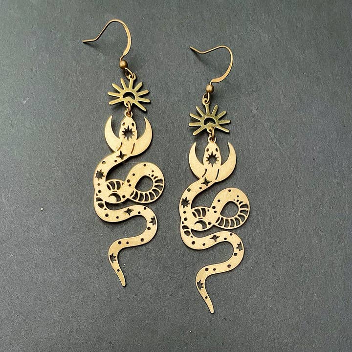 Zoe Earrings ~ Brass~ Celestial Snake Star Moon Sun for wholesale by GeoMetricGem