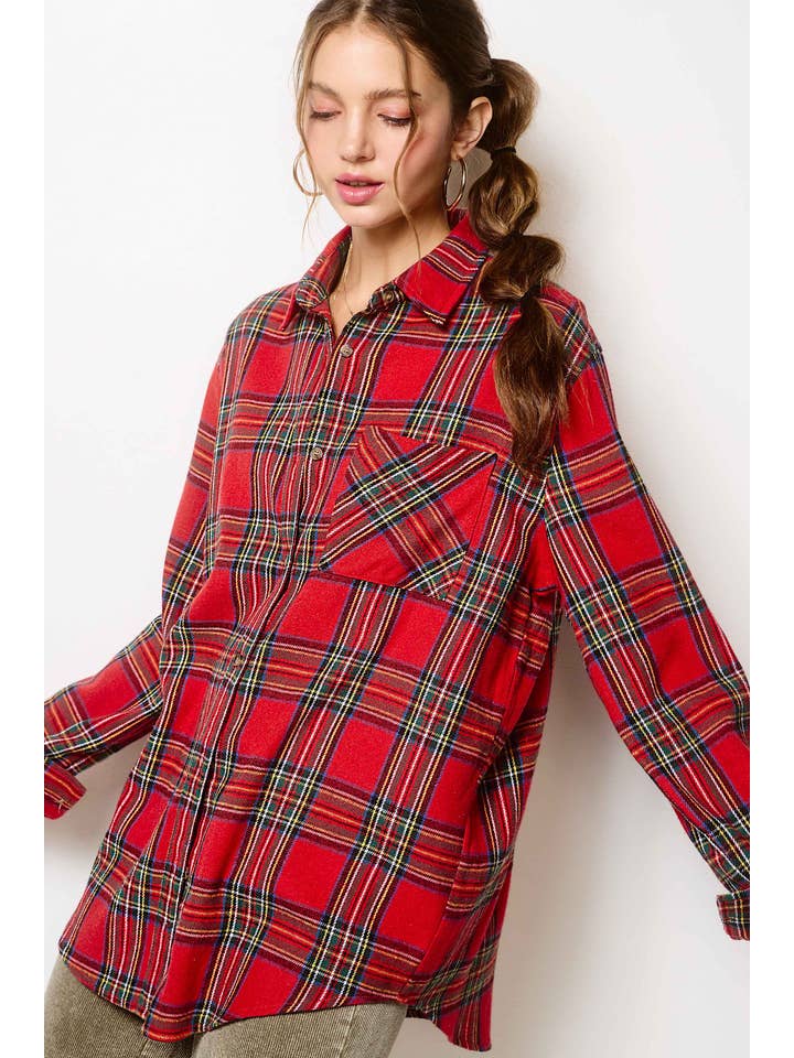 La Miel - Wholesale Button Down Shirt - Women's - SRT7807-Loose Fit Button Down Soft Fabric Plaid Shirts