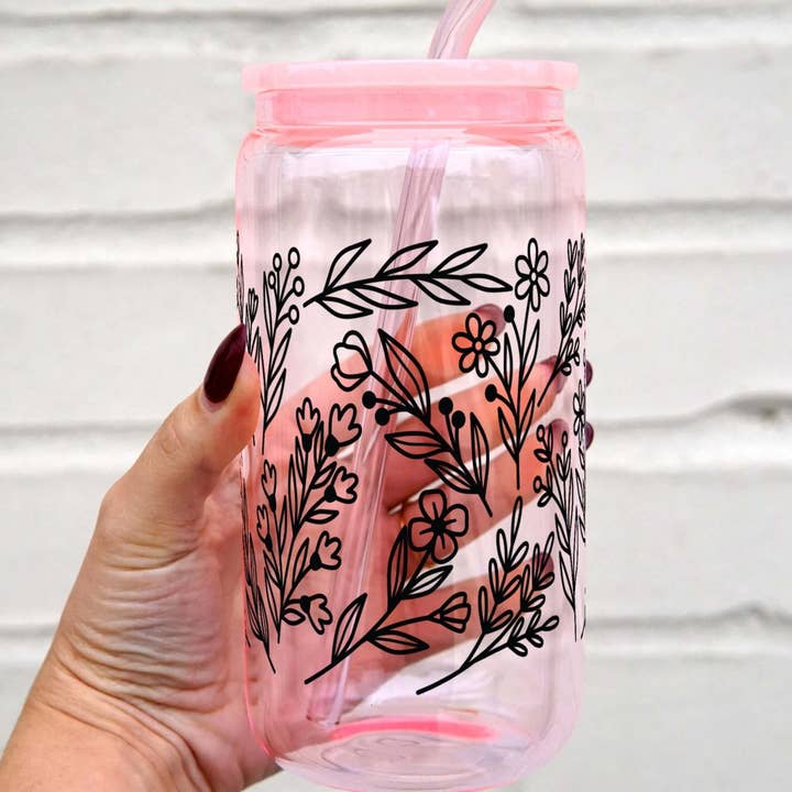 Sip-Sip Hooray! - Wholesale Drinking glass/cup - Black Flowers Can Cup With Lid and Straw2