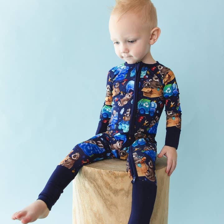 Nocturnal Nonsense Romper, trash panda bamboo baby romper, bamboo pajama romper, soft baby romper, eco friendly baby romper, unisex baby outfit, baby sleepwear, sustainable baby clothes, bamboo sleep romper, cozy baby pajamas, bamboo sleepwear for wholesale by Jammie Session formerly Big Dreams Little Jammies